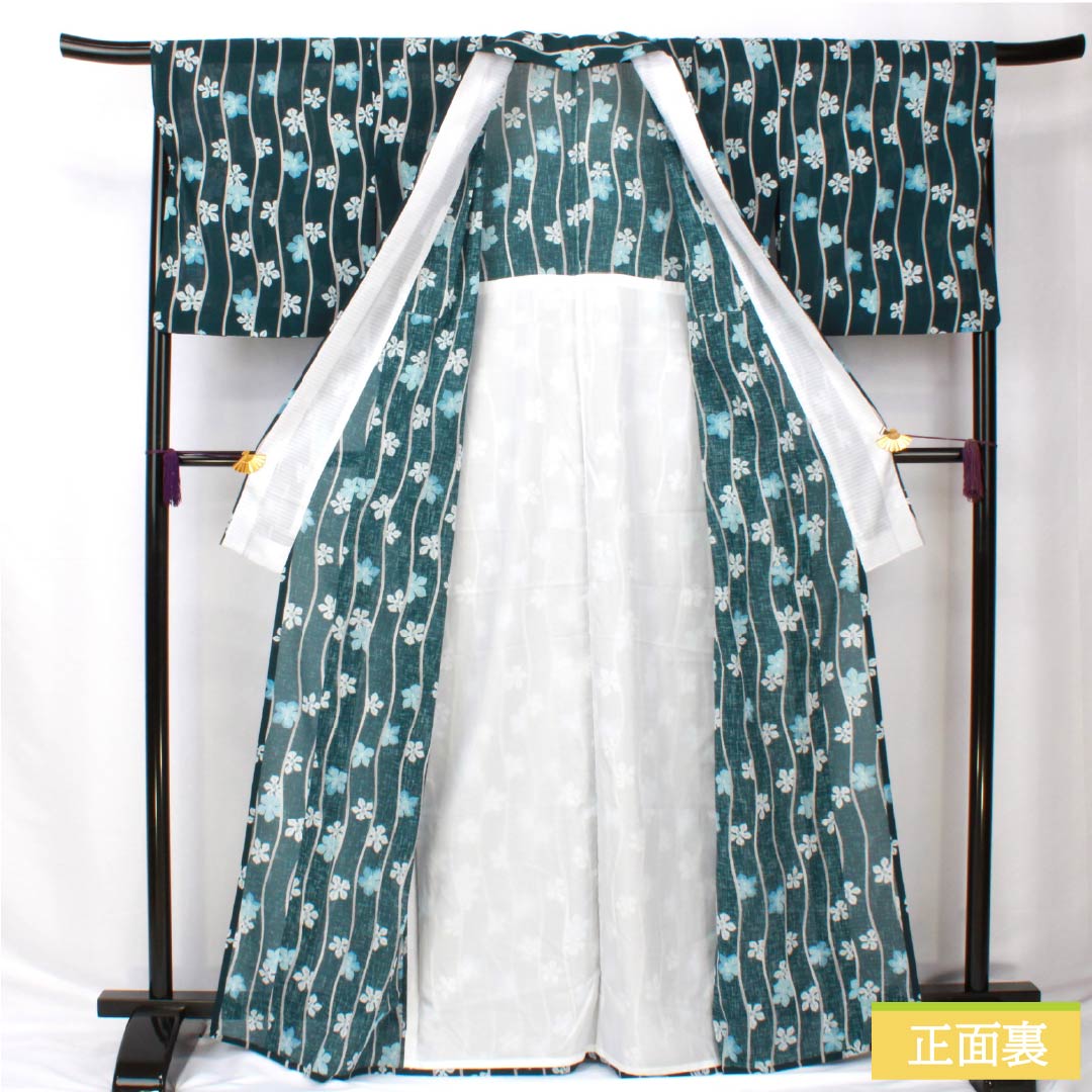 夏物 ポリエステル 小紋 身丈167cm 裄丈69cm 高麗納戸色(こうらいなんどいろ) よろけ縞 花 洗える着物 紗 Sランク 青系 1132002352517