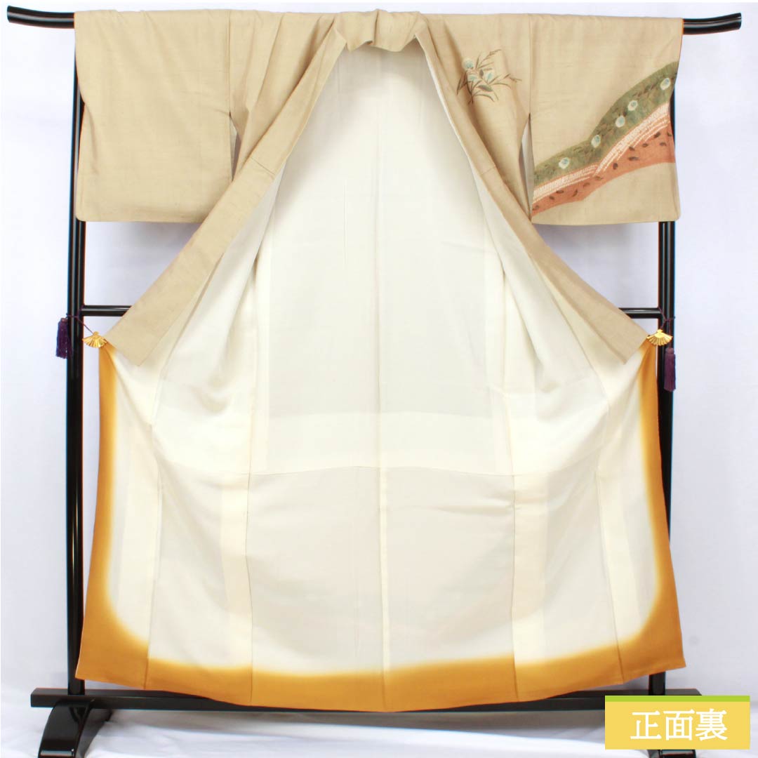 訪問着 正絹 Bランク 袷 身丈160cm 裄丈68cm 亜麻色(あまいろ) 生紬 桶絞り 乾山絞り 伝統工芸作家 吉澤与市 ベージュ系 1112007414425