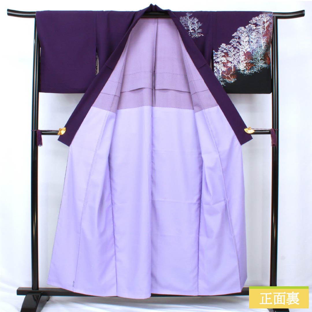 訪問着 ポリエステル Aランク 胴抜き 身丈157.5cm 裄丈65.5cm 菫色(すみれいろ) 金彩加工 風景模様 紫系 1112006393320