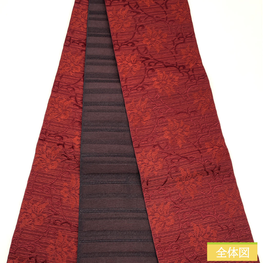 (New) Half-width obi, polyester, NEW rank, deep reddish brown and black, vine and abstract floral pattern, horizontal stripes, reversible, obi length 400cm, red family, 1125002471412