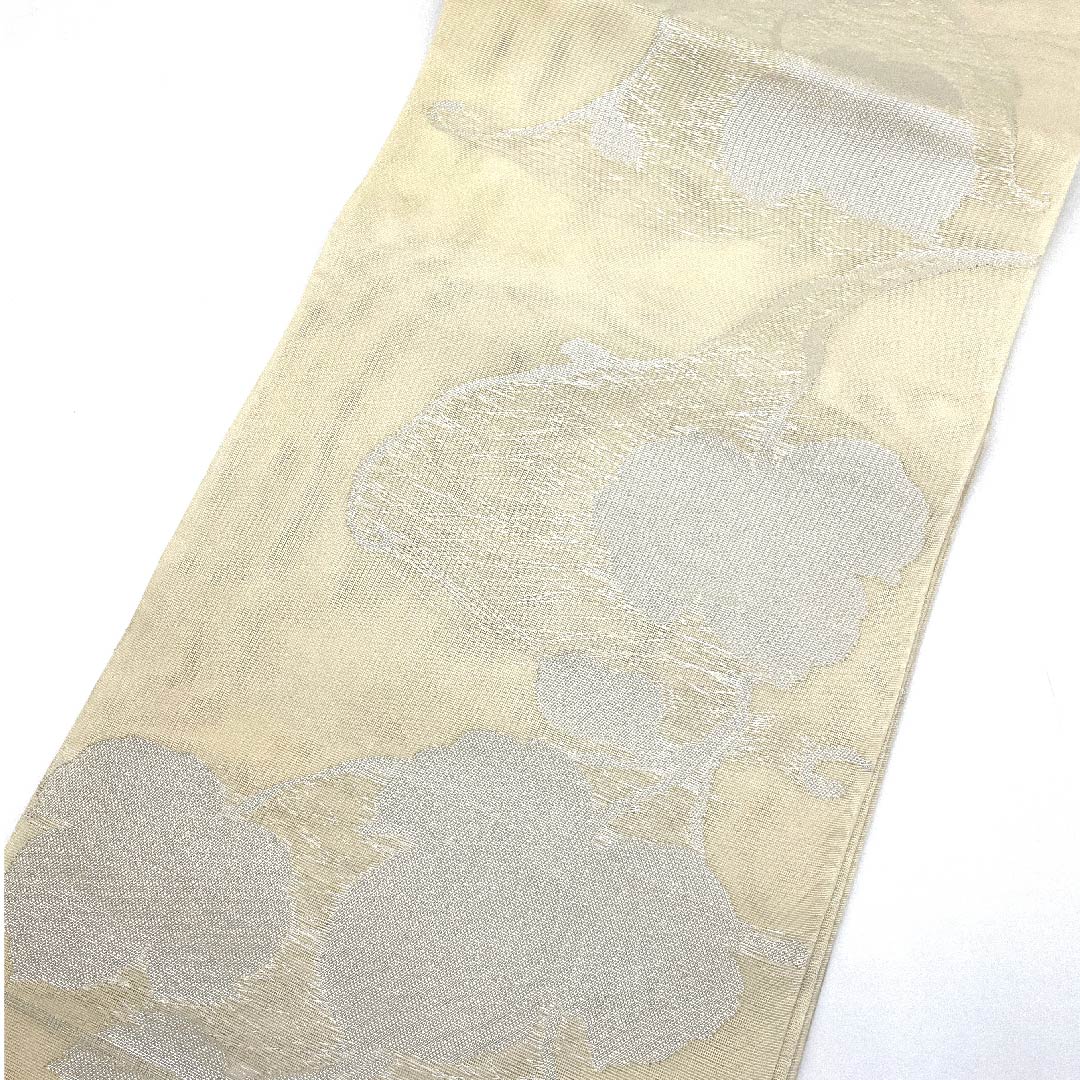 Nagoya obi, natural color, summer obi, gauze, foil, Kyoto bag obi, ivy leaf, obi length 366cm, pure silk, S rank, full length, semi-formal, cream color, 1124004092315, open style