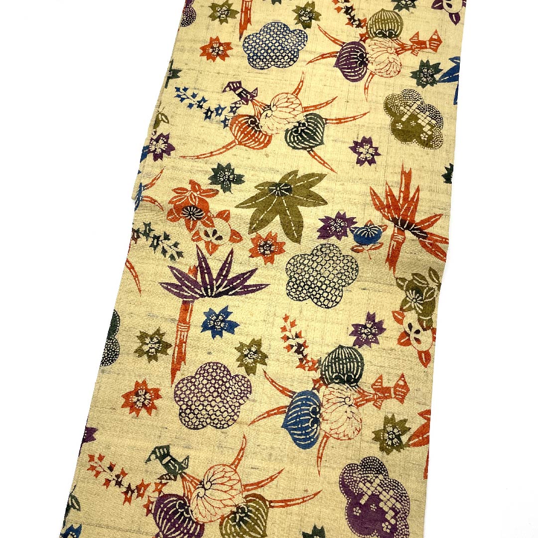 Nagoya obi, mulberry-colored, white-brown, pongee fabric, hollyhock, tangerine, pine, maple leaves, cherry blossoms, obi length 362cm, pure silk, S rank, full-length, casual, beige, 1124004672325, Nagoya-made