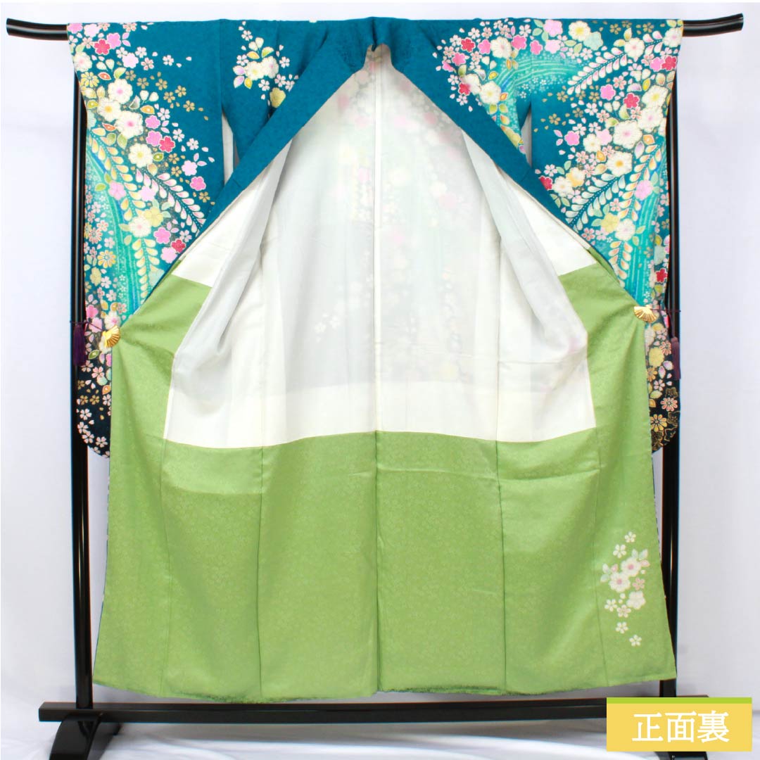 振袖 正絹 Sランク 身丈154cm 裄丈68cm 袷 孔雀青色(くじゃくあおいろ) 京友禅 銀通し 辻ヶ花 作家物 ハジックガード 青系 1113002732217