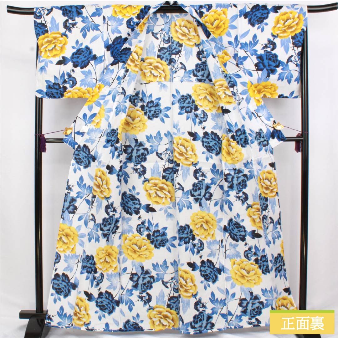 (新品未使用品)浴衣 木綿 身丈163.5cm 裄丈69cm NEWランク 単衣 白系 型染 牡丹 未使用品 1118006801411