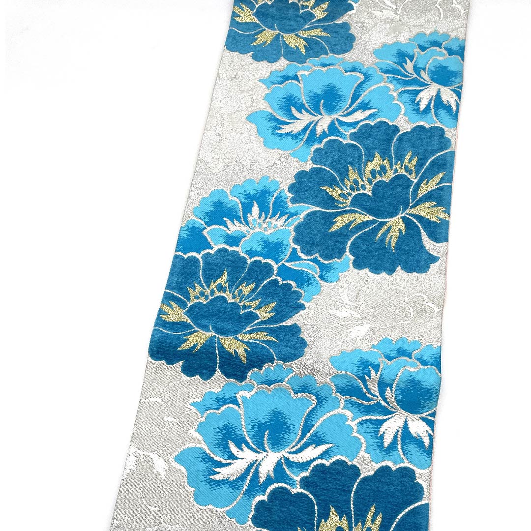 袋帯 銀色 花模様 帯丈430cm 正絹 Sランク 六通 フォーマル 銀系 1123009732322