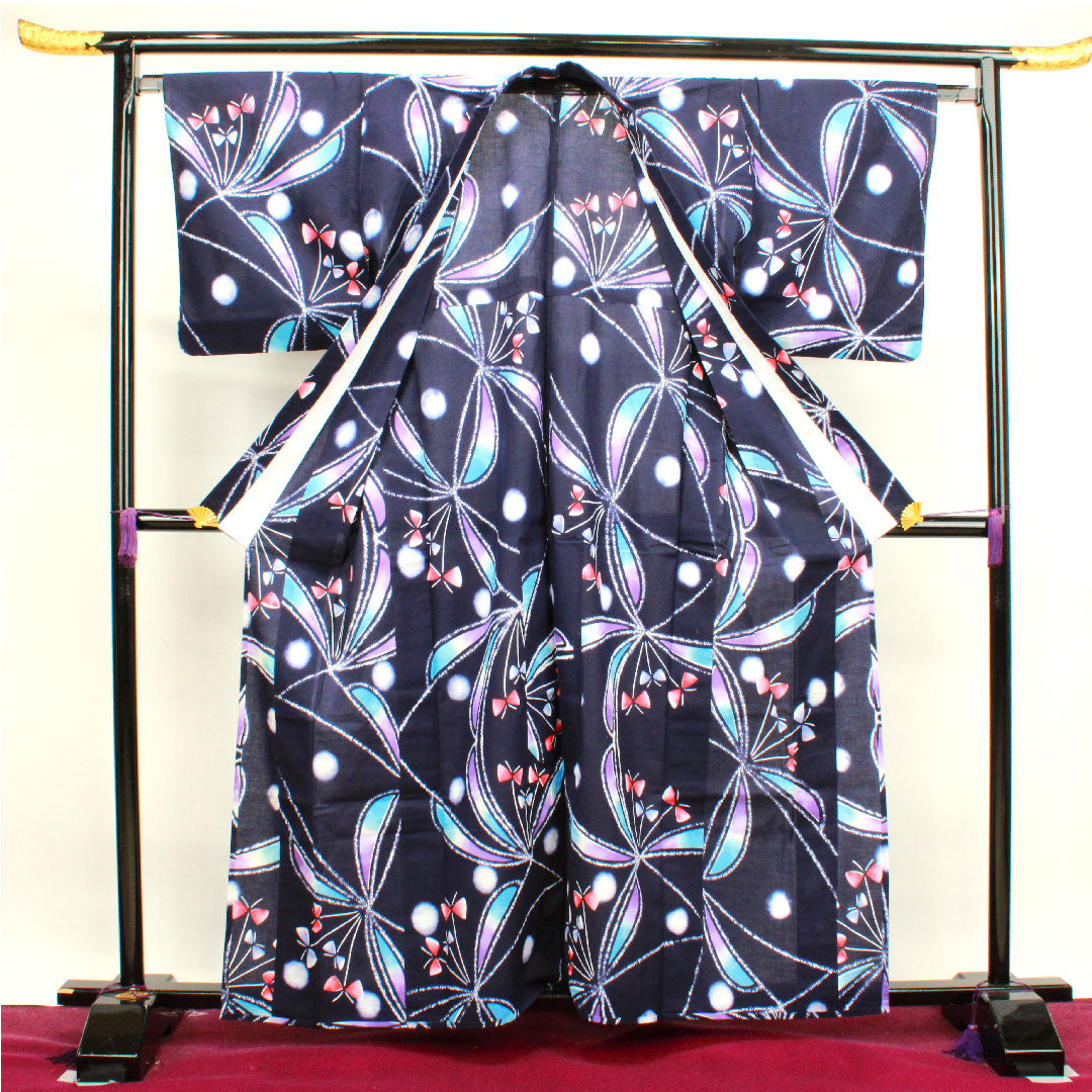 浴衣 濃紺色 抽象模様 木綿 Sランク 単衣 身丈162cm 裄丈66cm 紺系 1118003882418