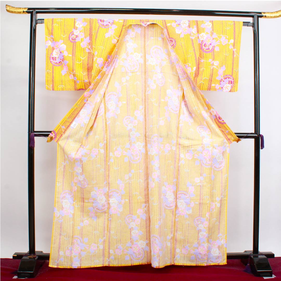 浴衣 卵色 朝顔 和傘 木綿 Sランク 単衣 身丈165cm 裄丈65cm 黄系 1118004022523