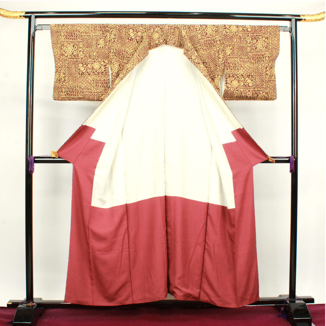 Komon, Length 156cm, Sleeve length 63.5cm, Awase, Iron black, Abstract pattern, Pure silk, S rank, Brown, 1115003422314