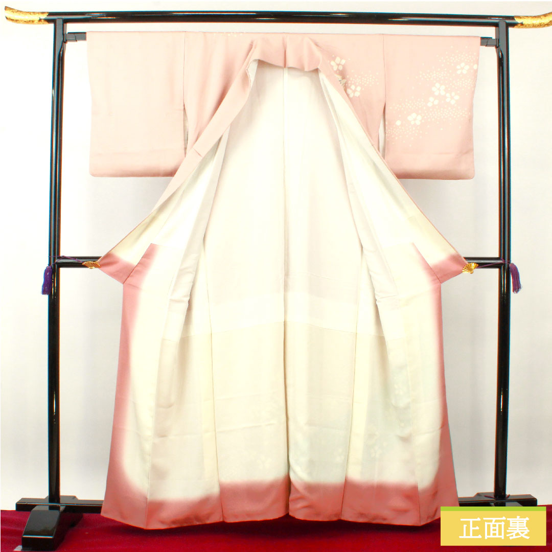 訪問着 正絹 袷 身丈159.5cm 裄丈65cm 退紅色 刺繡 部分絞り 花柄 Sランク ピンク系 1112003732313