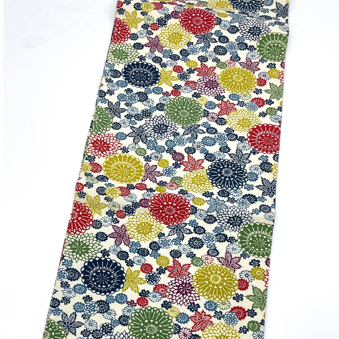 名古屋帯 乳白色色 京紅型 菊 紅葉 帯丈357cm 正絹 Sランク 全通 カジュアル 白系 1124004842311 開き仕立て