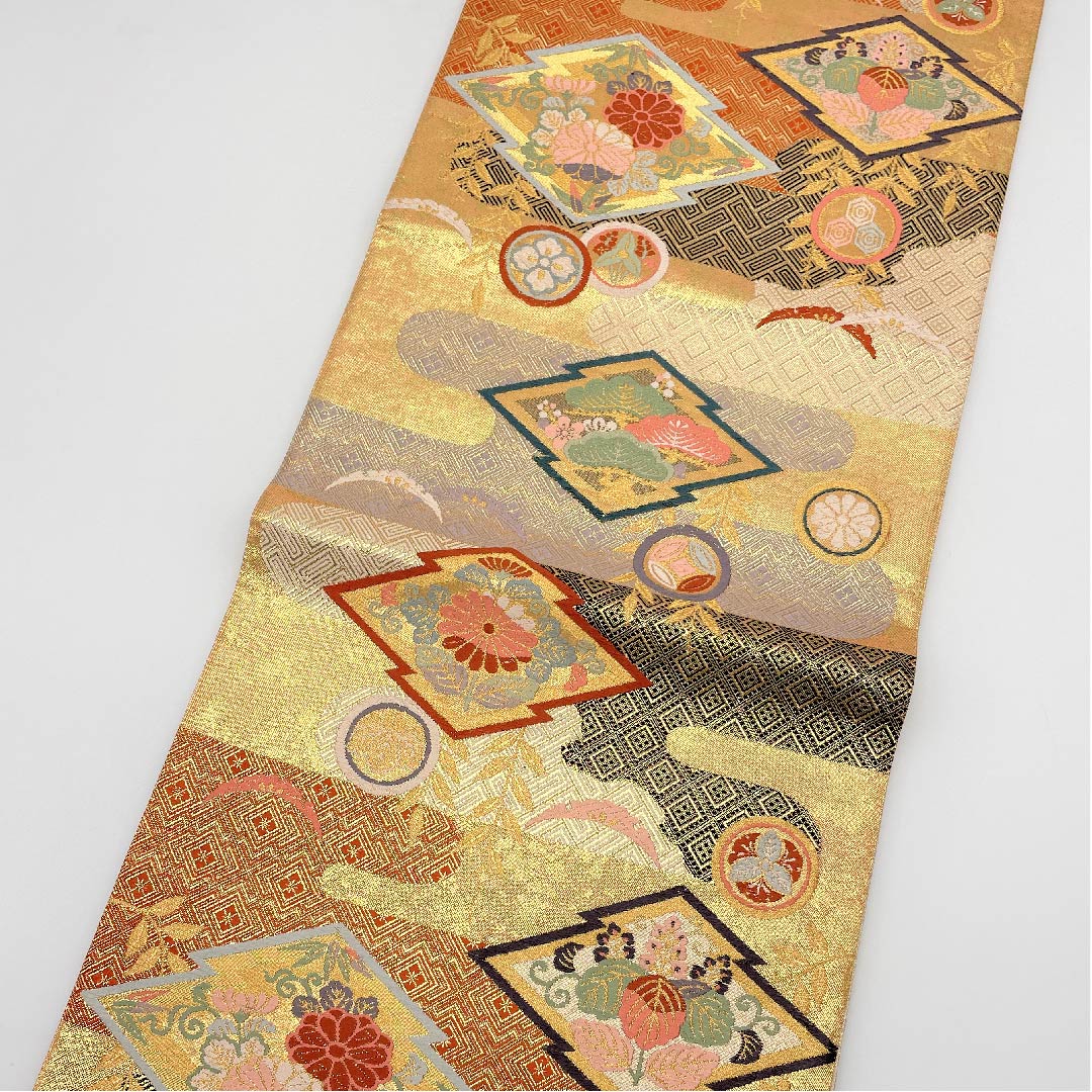 袋帯 金色 吉祥文様 帯丈442cm 正絹 Aランク 六通 フォーマル 金系 1123005443321