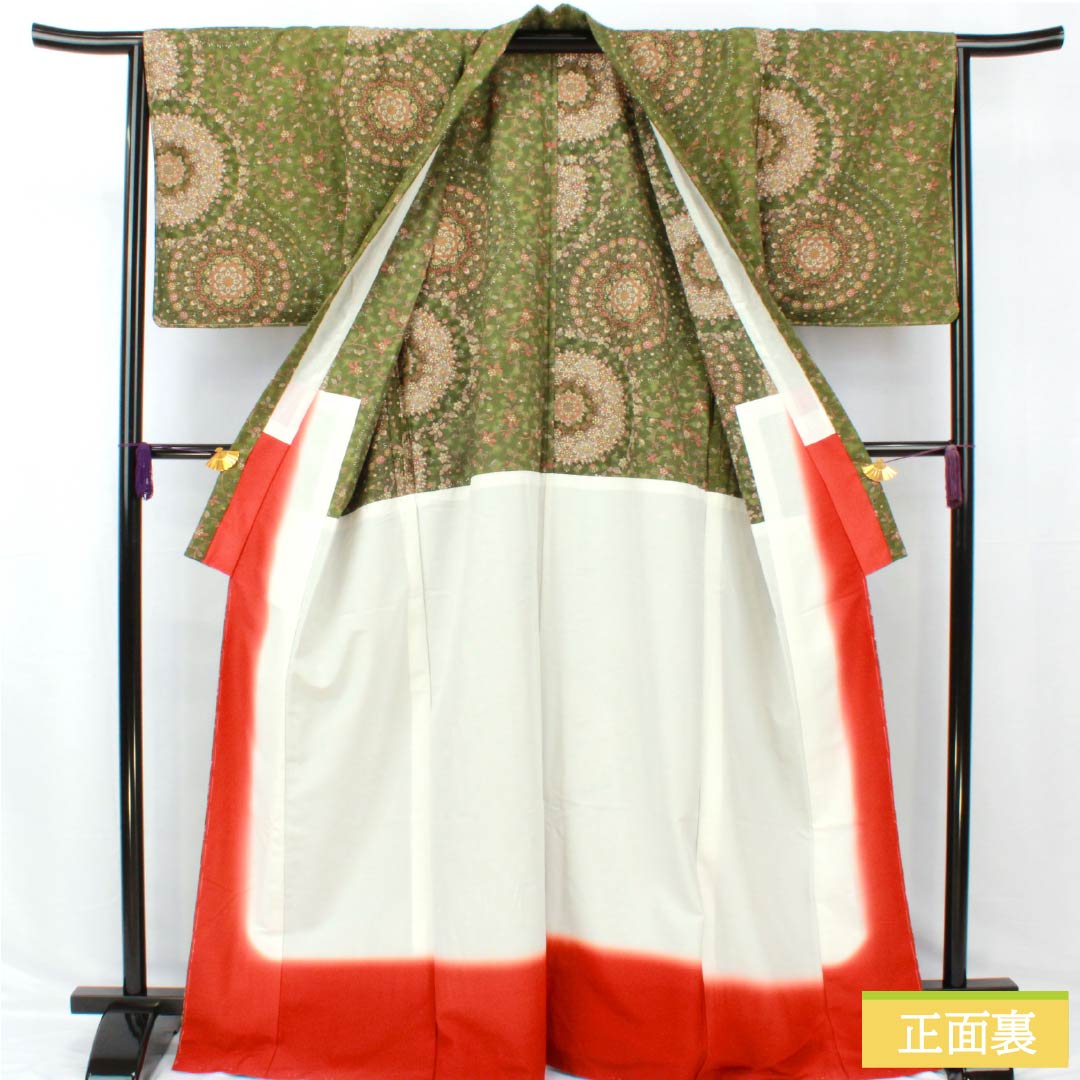 Small pattern, polyester, length 170cm, sleeve length 65cm, lined, blue and red, washable kimono, Persian pattern, open torso, with basting thread, S rank, green, 1115005252619