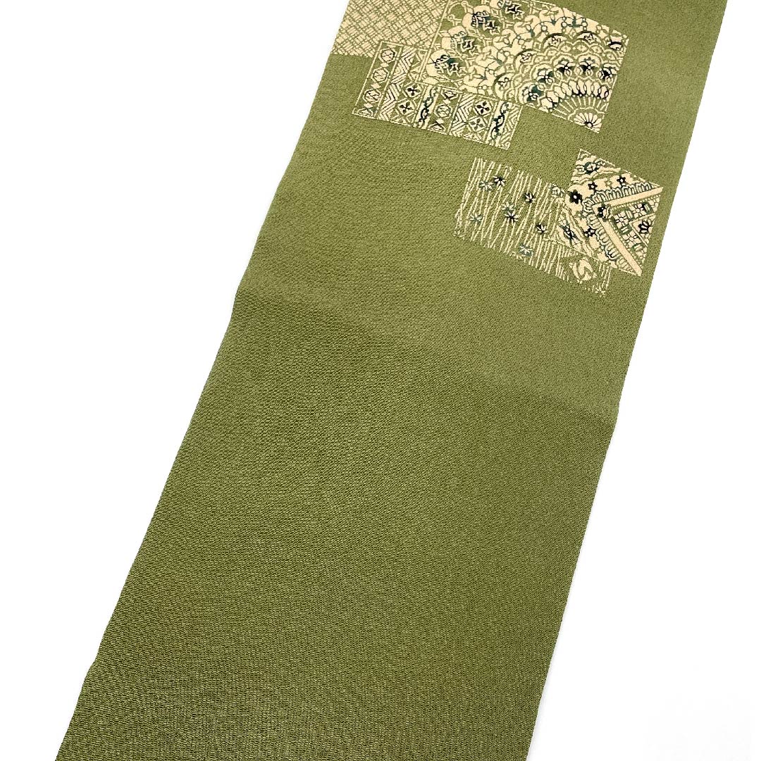 名古屋帯 麹塵色 草木染 抽象模様 帯丈379cm 正絹 美品 ポイント柄 カジュアル 緑系 1124004022319 名古屋仕立て