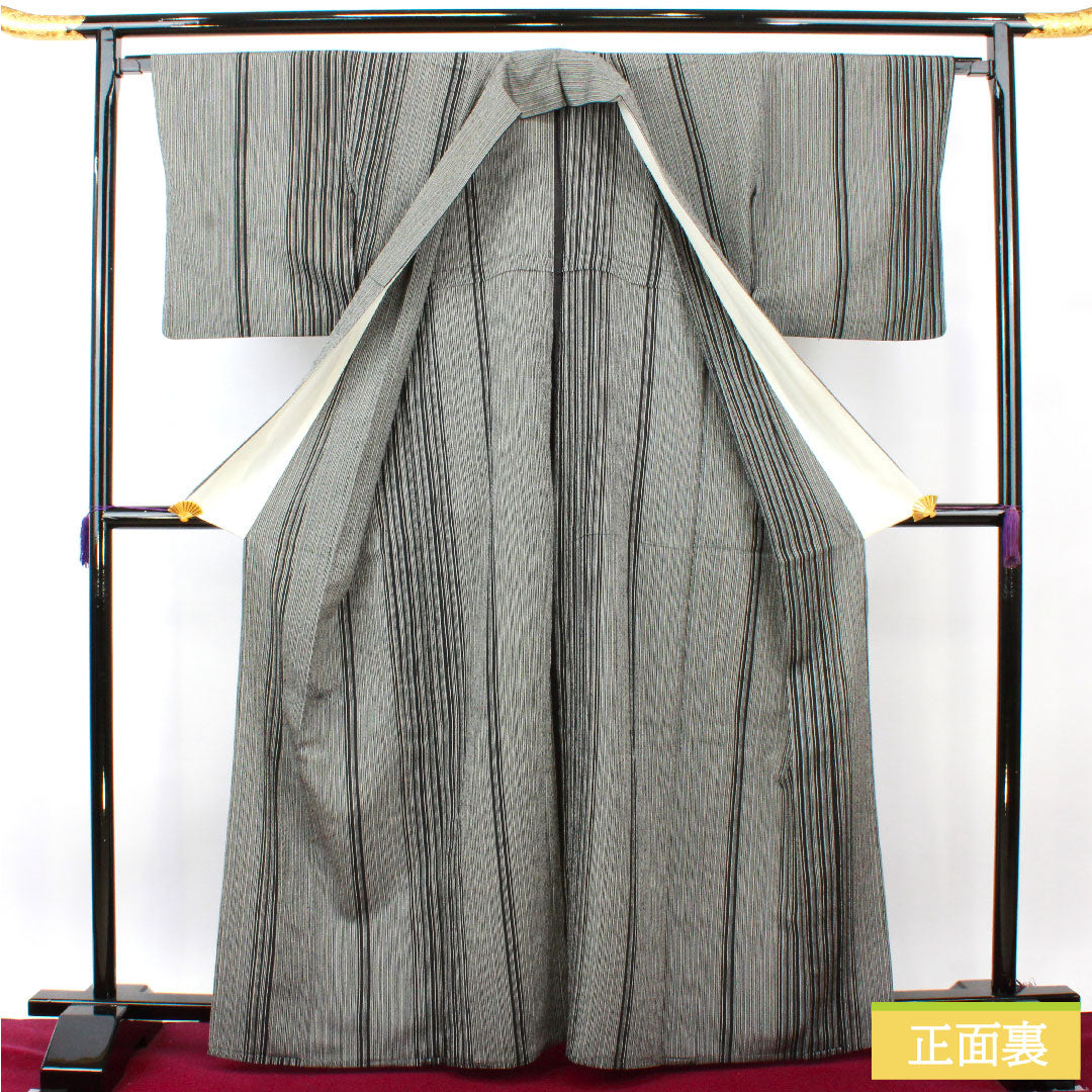 紬 正絹 身丈165.5cm 裄丈65cm 縞 Sランク 単衣 モノトーン 1116003692527