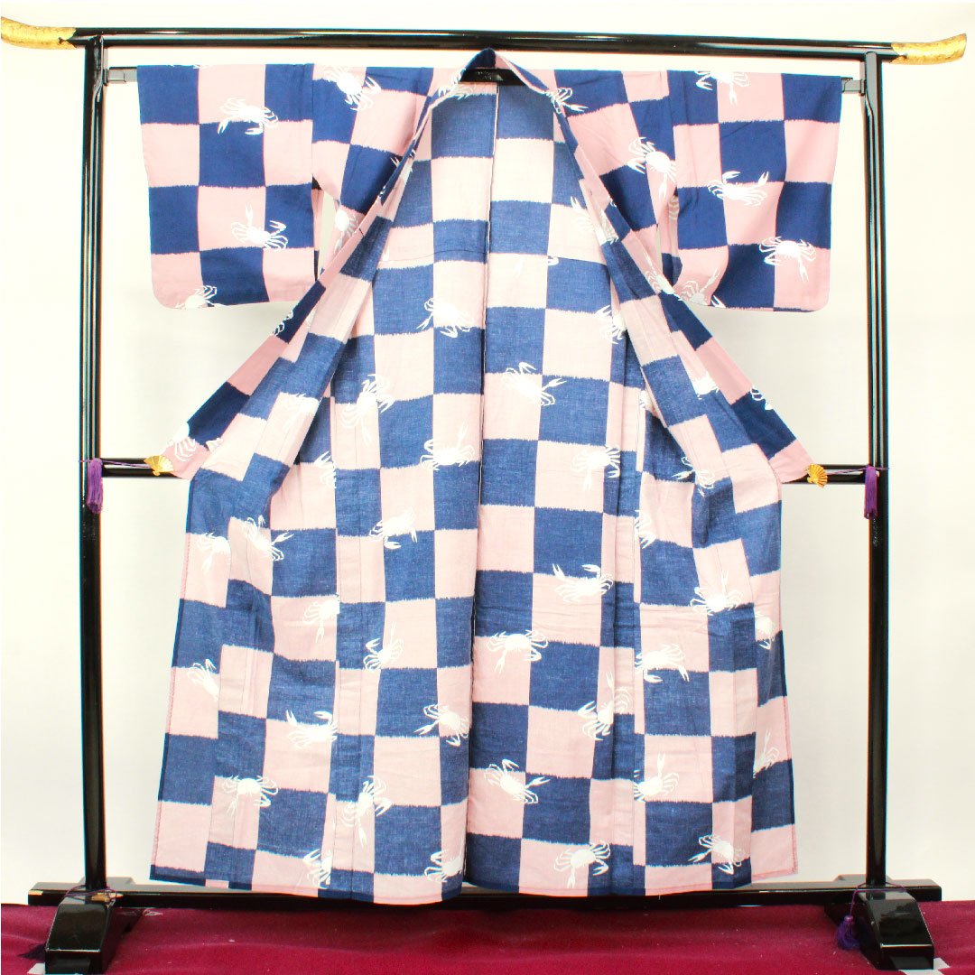 浴衣 市松 カニ 木綿 Aランク 単衣 身丈157cm 裄丈66.5cm グラデーション系 1118002953399