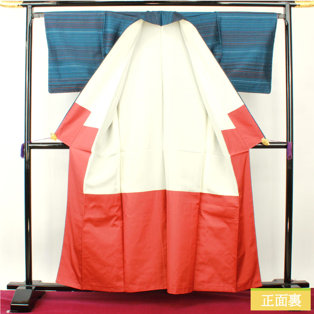 紬 正絹 身丈160cm 裄丈66cm 熨斗目花色(のしめはないろ) 縞大島 しつけ糸付き Aランク 袷 青系 1116003643417