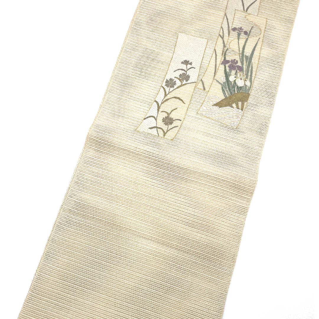 名古屋帯 生成り色 夏帯 絽 菖蒲 コスモス 流水 帯丈366cm 正絹 Sランク ポイント柄 フォーマル クリーム系 1124004472315 開き仕立て