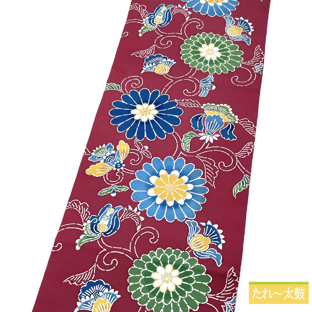 名古屋帯 胭脂紅色(えんじこういろ) 京紅型 花唐草 帯丈345cm 正絹 Bランク 全通 カジュアル 紫系 1124006644320 名古屋仕立て