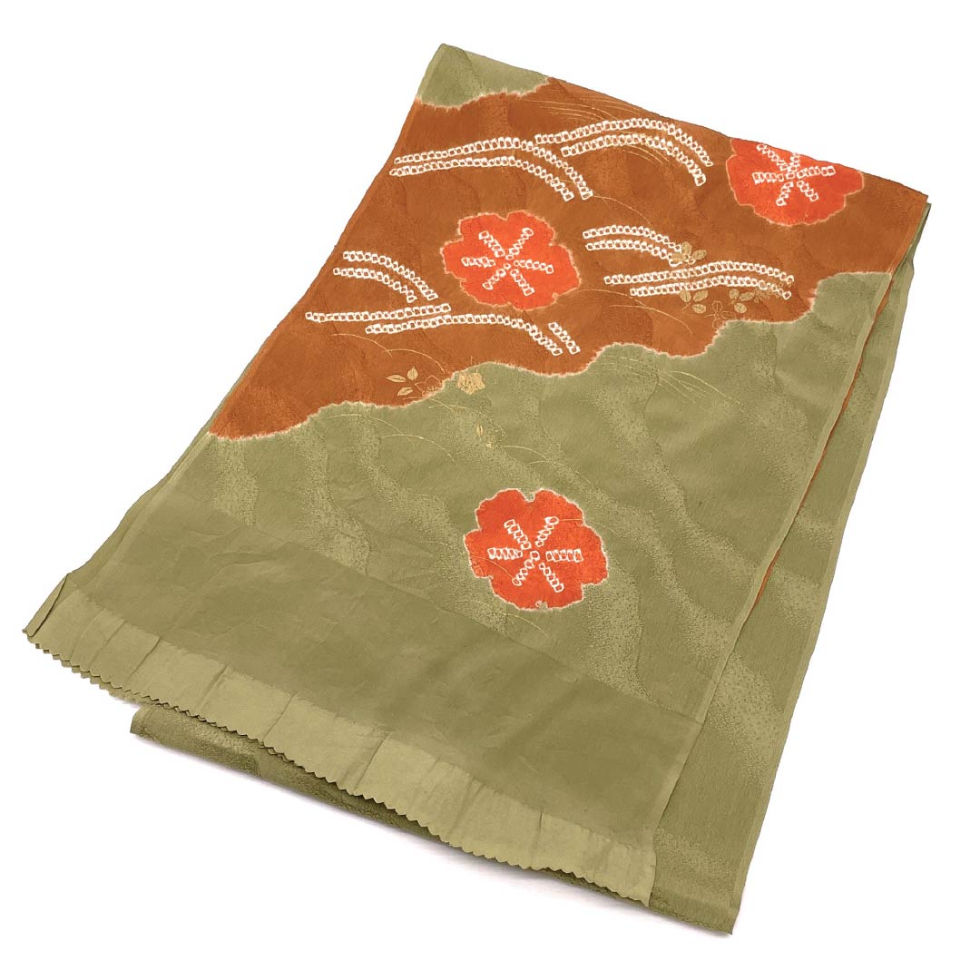 Obiage Silk A Rank Semi-Formal Kimirucha (Brownish-yellow with a hint of green) Partial Shibori Plum Hagi Length approx. 171cm Width approx. 28cm Green-toned 1136002963919