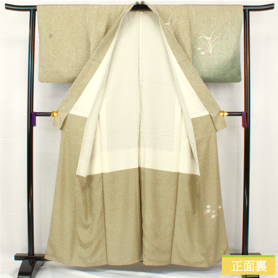 訪問着 正絹 袷 身丈157.5cm 裄丈62cm 蠟色(ろういろ) タタキ染 京友禅 菊 菖蒲 一つ紋 Sランク 緑系 1112005252319