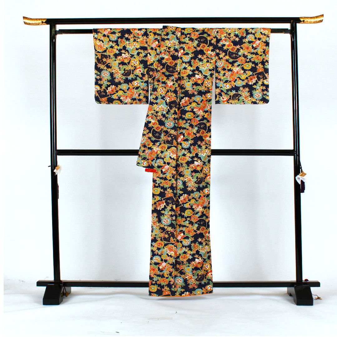 小紋 身丈162.5cm 裄丈63.5cm 袷 草花模様 正絹 Sランク 紺系 1115001422418