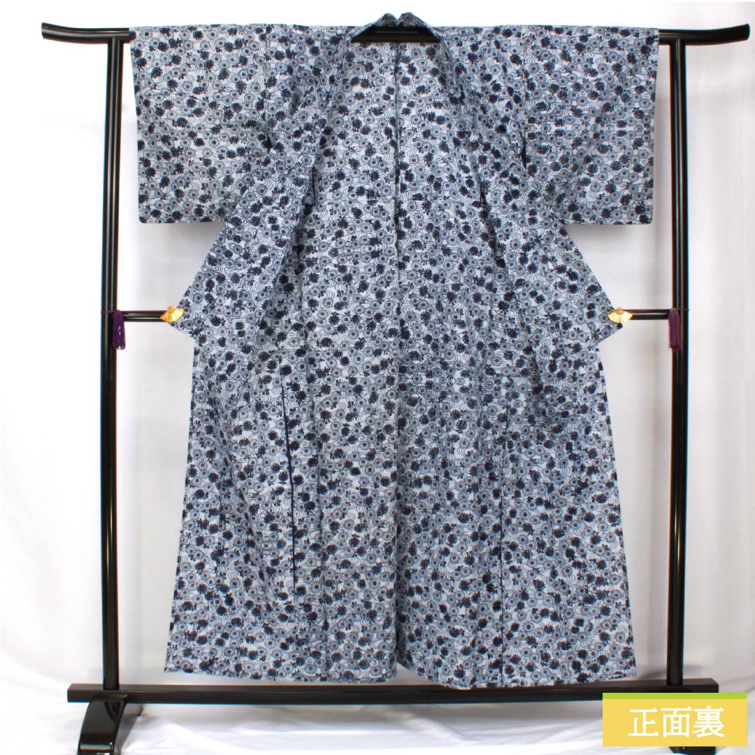 浴衣 木綿 身丈154cm 裄丈62cm Bランク 単衣 グレー系 水銀色(すいぎんいろ) 菊 流水 1118005914222