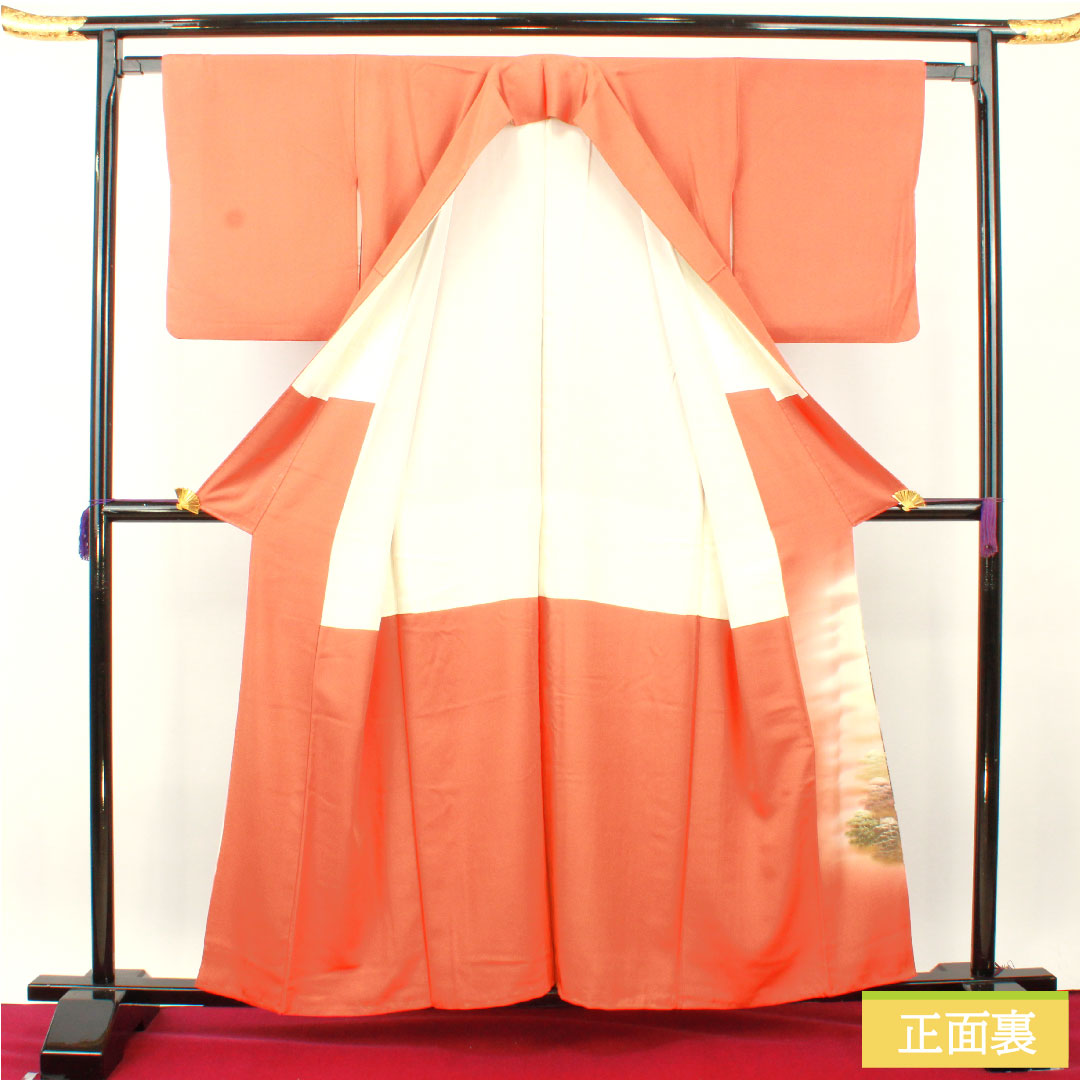 彩色留袖、纯丝、长度 159.5 厘米、袖长 63 厘米、衬里、赤橙色、京友禅、历史人物和风景、一个徽章、刀剑和片刃、S 级、橙色、1111001422326