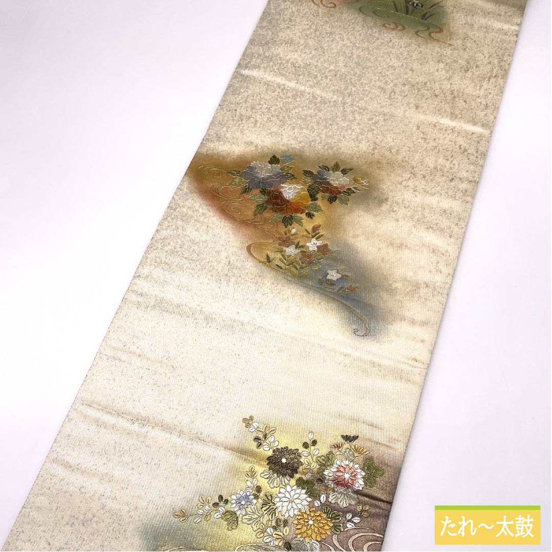 袋帯 正絹 生成り色(きなりいろ) 留袖用 螺鈿 引箔 御所車 帯丈446cm Aランク 六通 フォーマル クリーム系 1123014043315