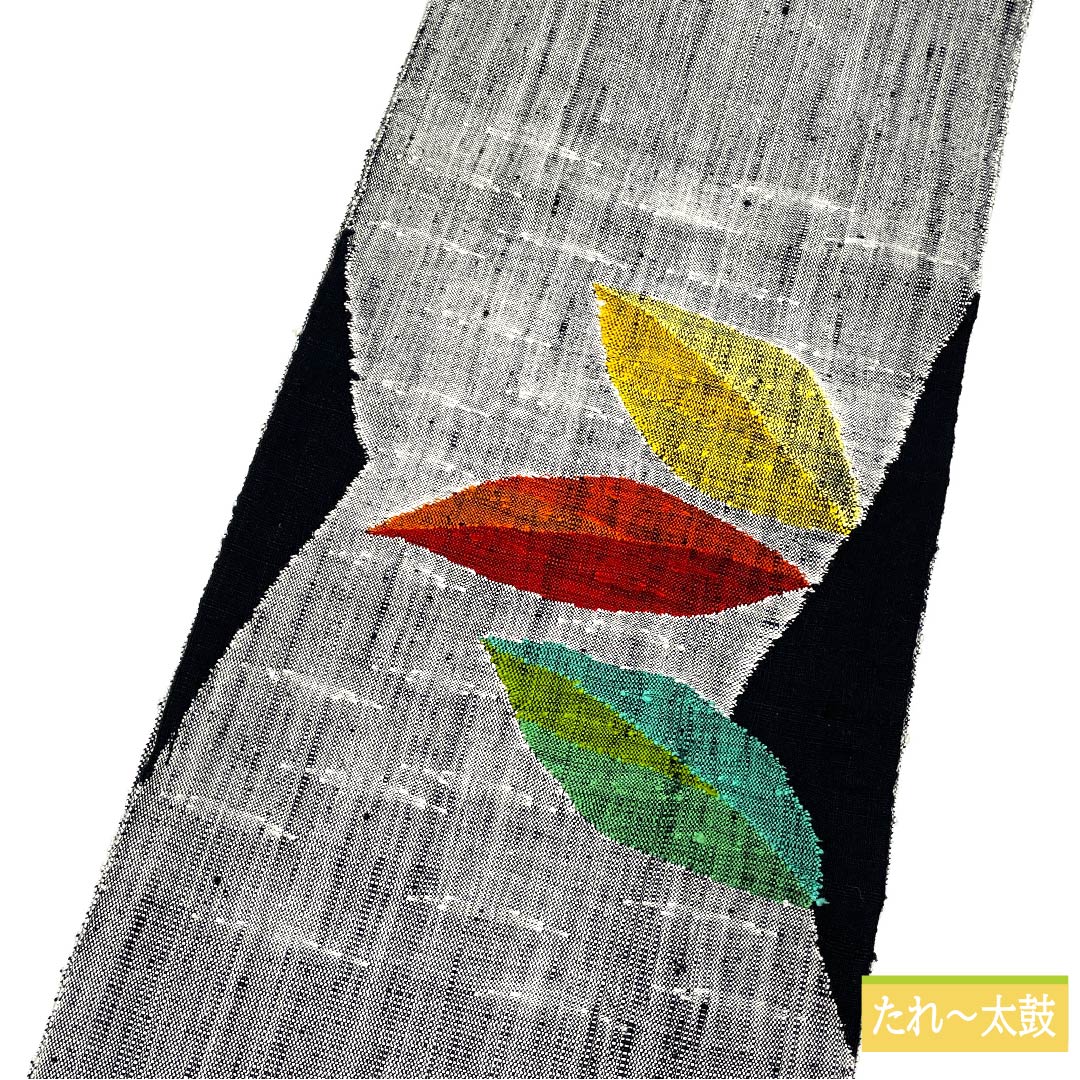 名古屋帯 銀白色色(ぎんはくしょくいろ) 落ち葉 帯丈360cm 正絹 Sランク ポイント柄 カジュアル グレー系 1124006442322 松葉仕立て