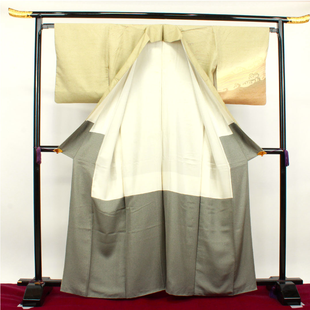 Homongi, pure silk, lined, length 164.5cm, sleeve length 65cm, wax color, pongee fabric, wave, A rank, beige, 1112003003425