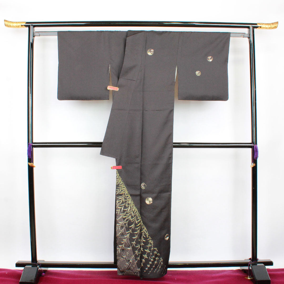 訪問着 袷 身丈160cm 裄丈65cm 汕頭刺繡 相良刺繡 草花模様 正絹 Sランク 黒系 1112001842410