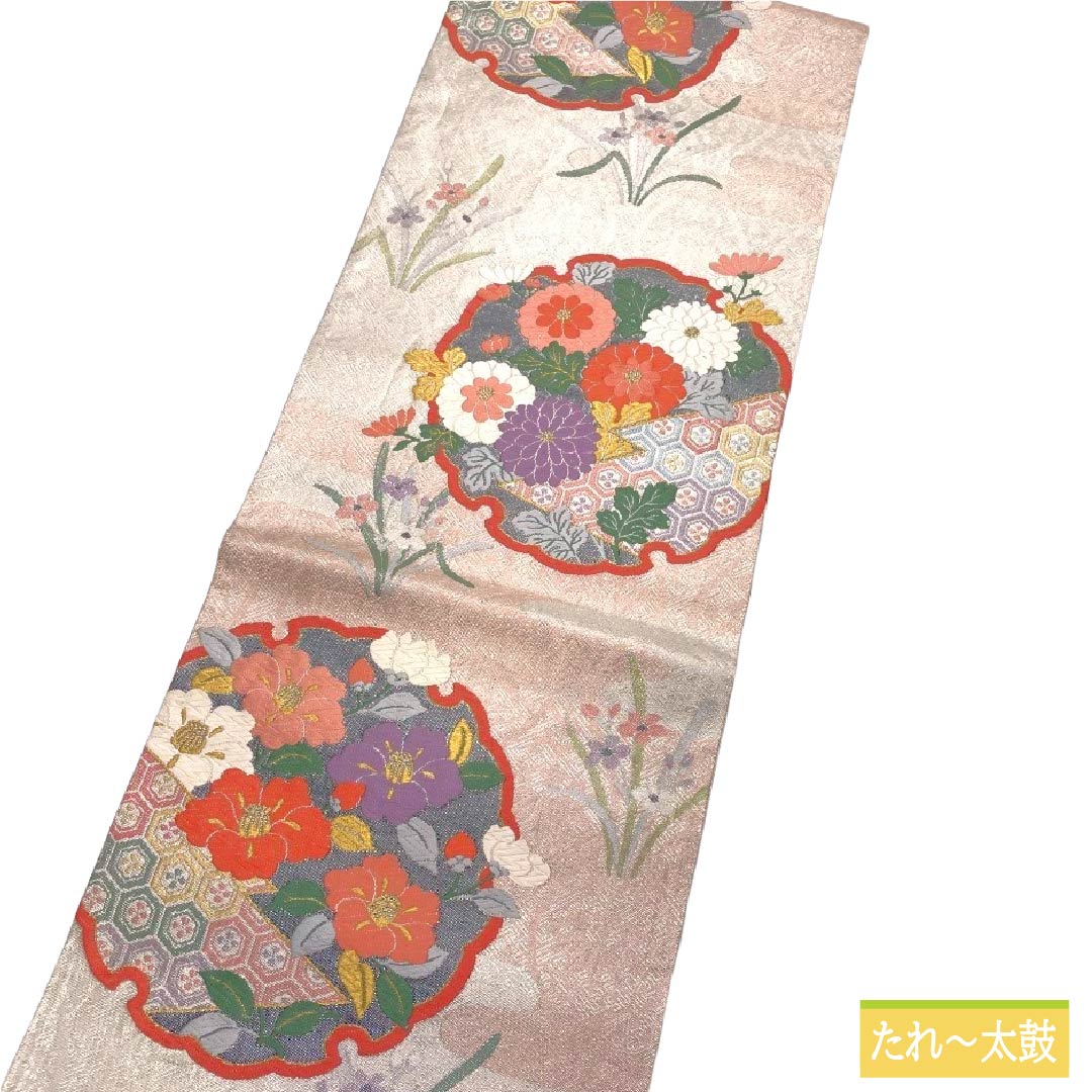 袋帯 正絹 Aランク 銀色(ぎんいろ) 唐織 佐賀錦 振袖用 雪輪 帯丈426cm 六通 フォーマル 銀系 1123018513322