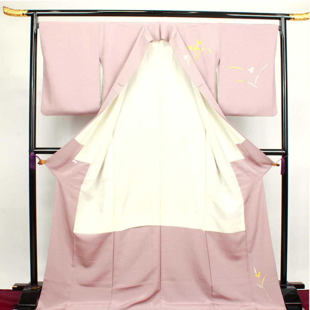 Homongi, lined, length 180.5cm, sleeve length 70cm, grape color, Kyoto Yuzen, abstract flower, pure silk, A rank, purple, 1112002643820