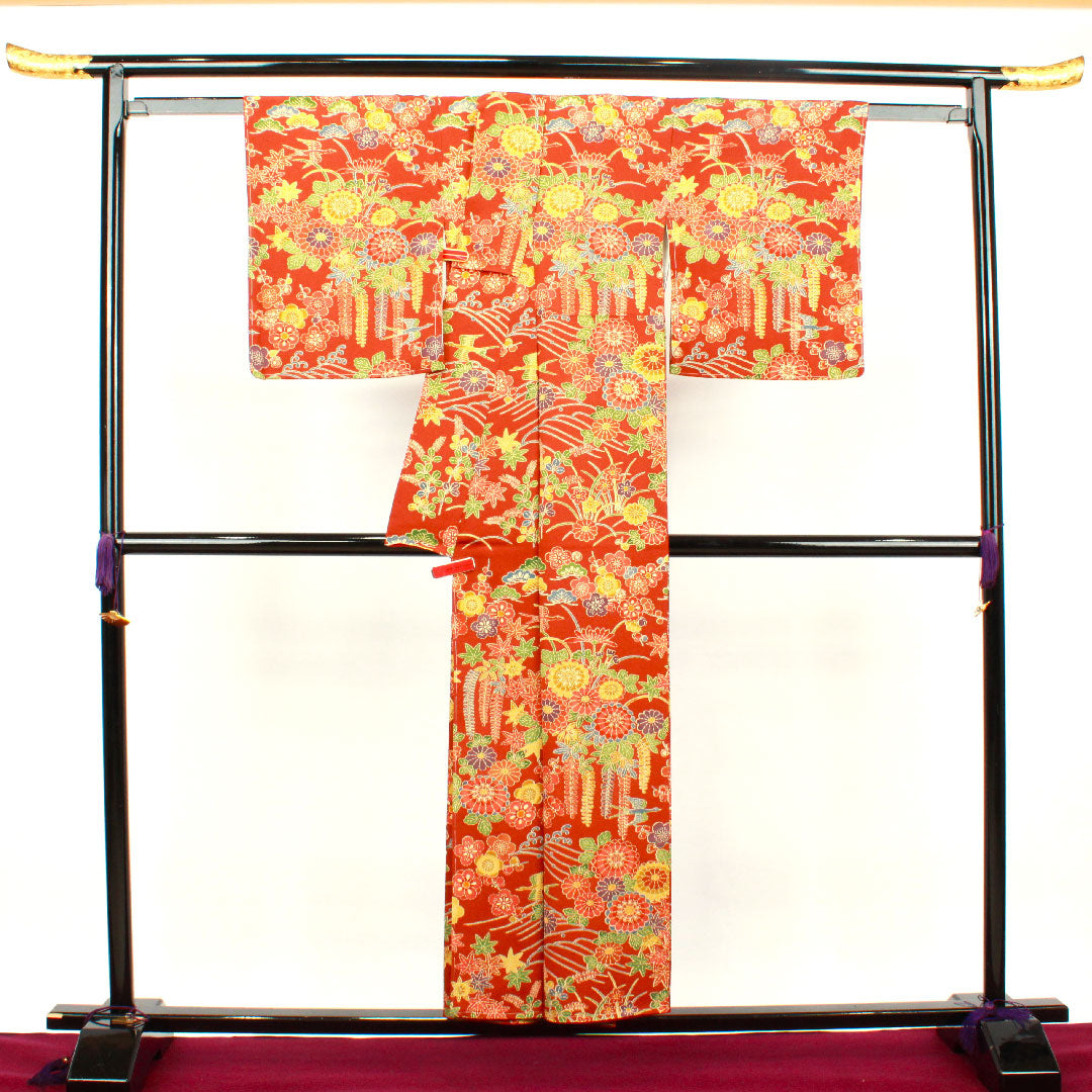 小紋 身丈154cm 裄丈61cm 袷 猩々茶色 型染 菊 梅 草花模様 正絹 Sランク 茶系 1115002652214