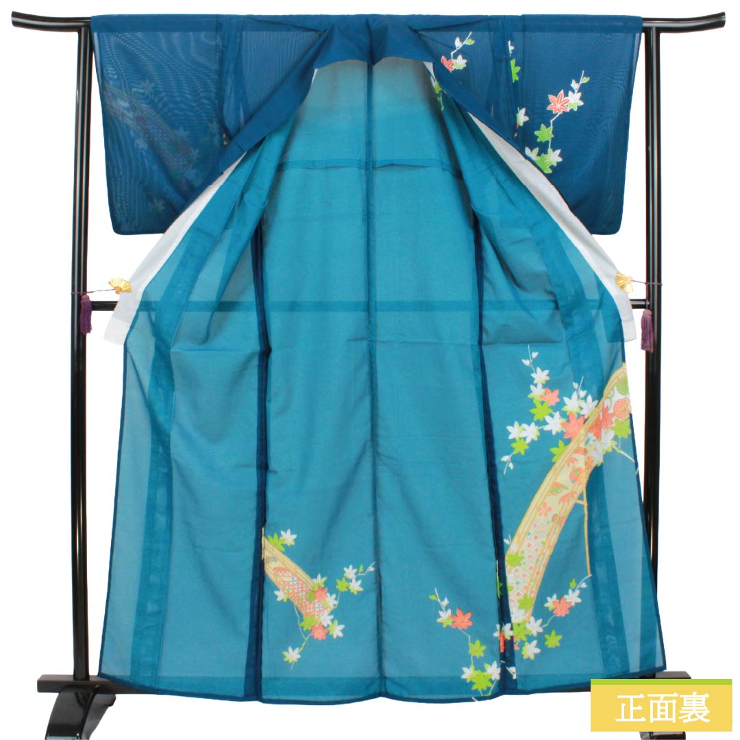 夏物 ポリエステル 付下げ Aランク 身丈163.5cm 裄丈63cm 深縹色(ふかきはなだいろ) 古典柄 洗える着物 絽 青系 1132005263417