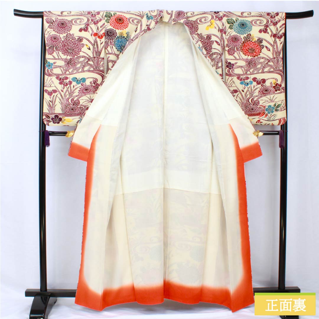 Homongi, pure silk, lined, length 159.5cm, sleeve length 64.5cm, light egg color, Kyoto Bingata, floral pattern, flowing water, B rank, cream color, 1112006064315