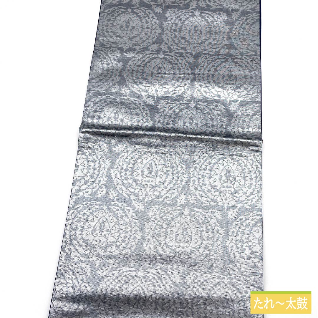 袋帯 正絹 錫色(すずいろ) 幾何学模様 帯丈412cm Sランク 六通 セミフォーマル 銀系 1123012292322
