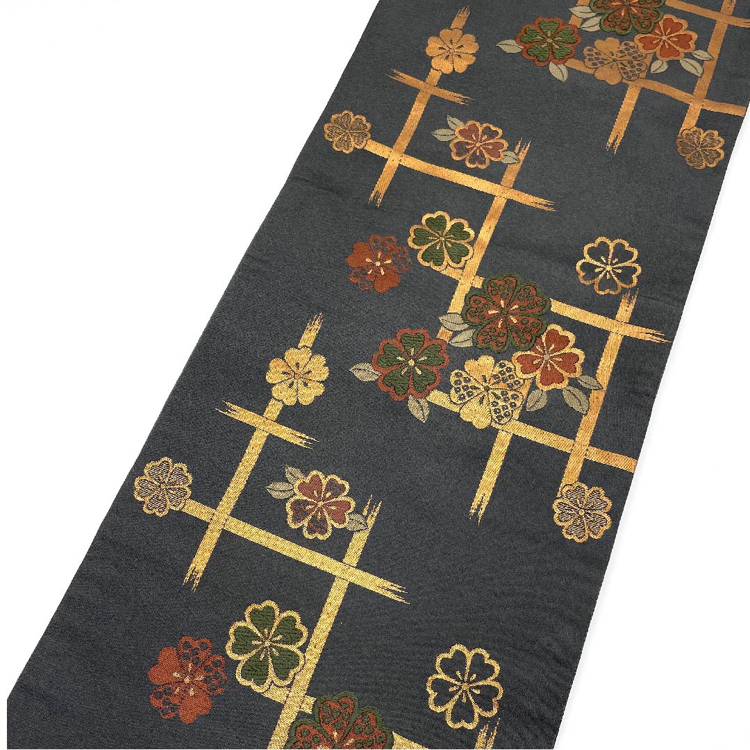 名古屋帯 京袋帯 具墨色 桜 井桁 帯丈374cm ポリ Aランク 六通 セミフォーマル グレー系 1124003313322 開き仕立て