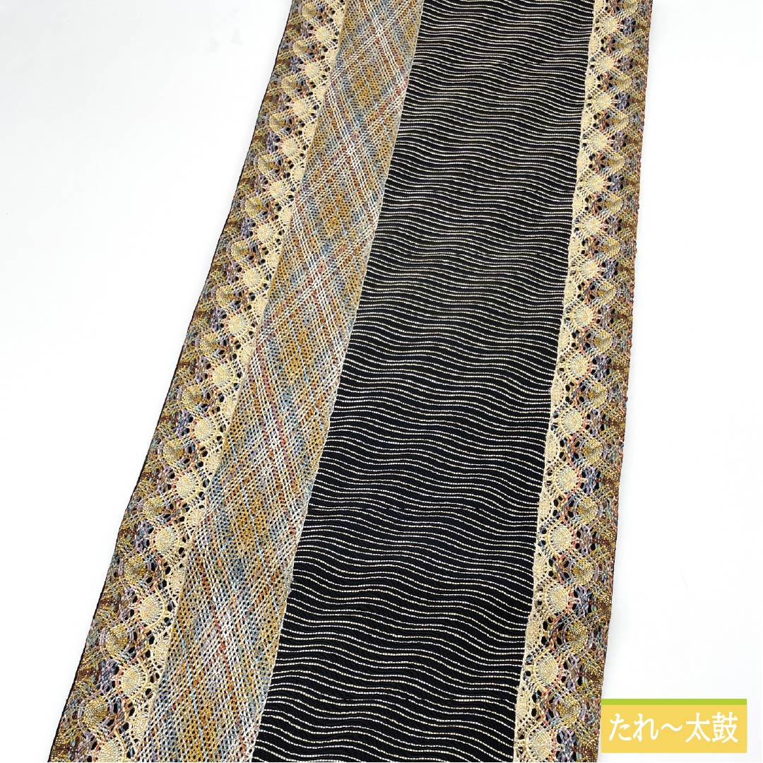 袋帯 正絹 組織り 帯丈456cm Sランク 六通 カジュアル 黒系 1123013182410