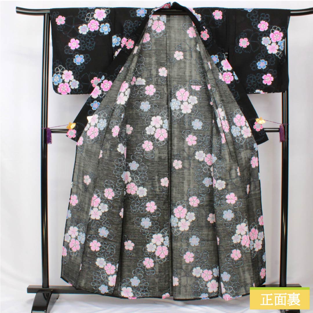 Cotton Yukata, Length 160cm, Sleeve Length 66cm, S Rank, Single Layer, Black, Pink, 1118006142410