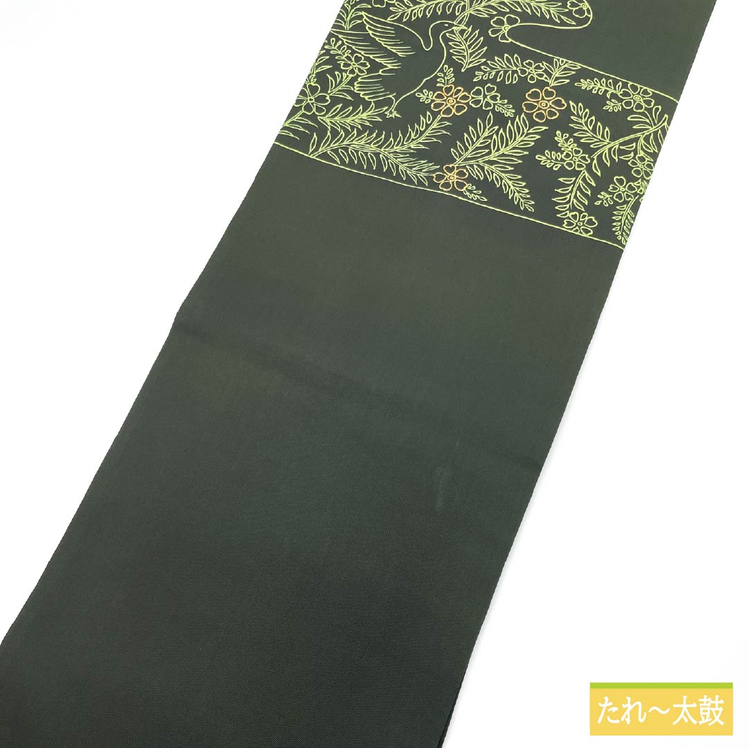 Nagoya obi, black oak color, dyed obi, salt-dyed obi, gold embroidery, obi length 356cm, pure silk, S rank, point pattern, casual, green, 1124007832319, Nagoya style
