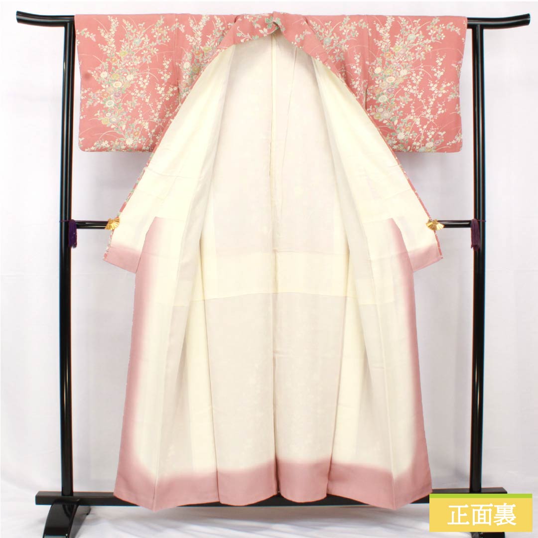 小紋 正絹 身丈156cm 裄丈62.5cm 袷 浅蘇芳色(あさきすおういろ) 草花模様 Aランク ピンク系 1115005083313