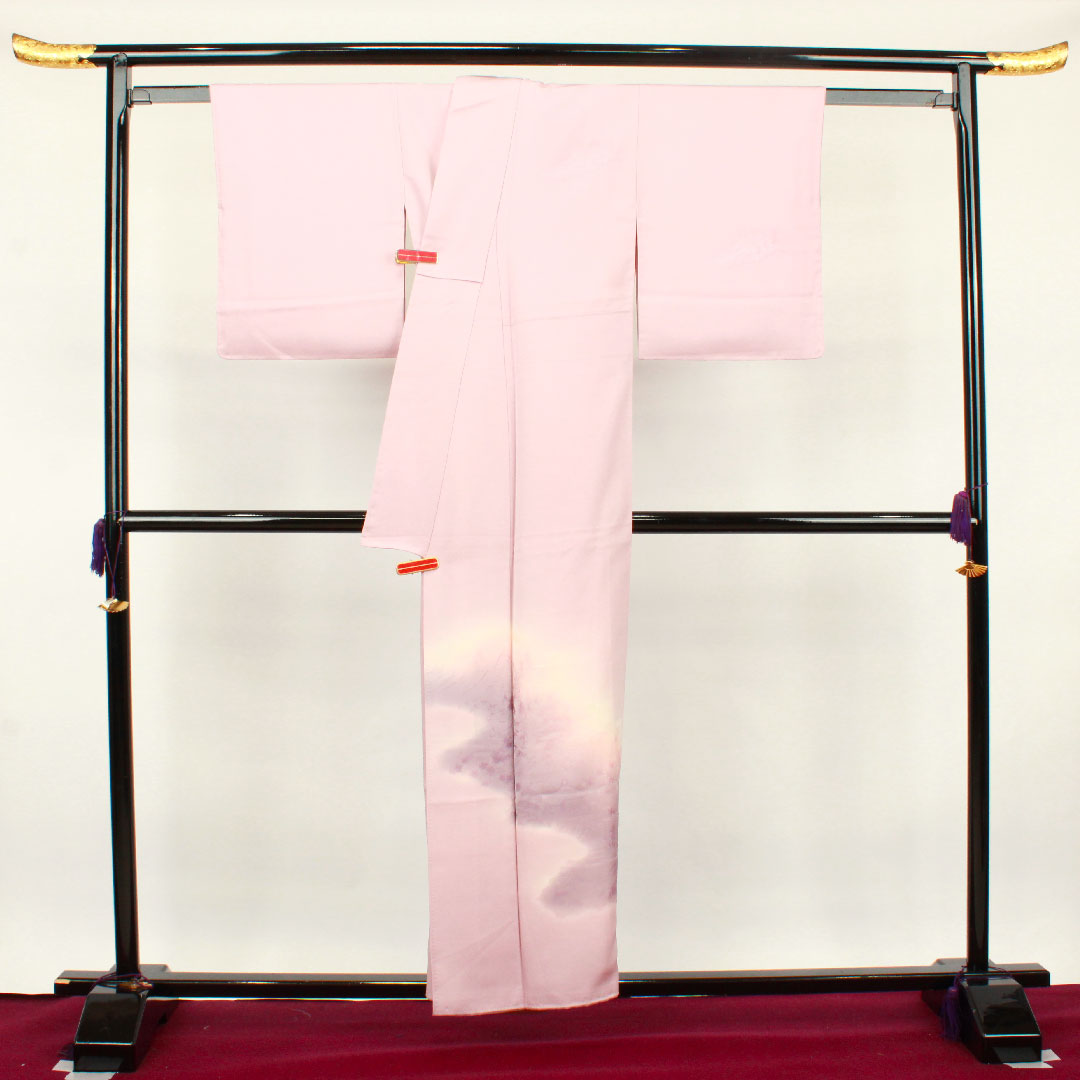 訪問着 袷 身丈153.5cm 裄丈61.5cm 帯紅色 風景模様 ボカシ染 正絹 Sランク ピンク系 1112002202213