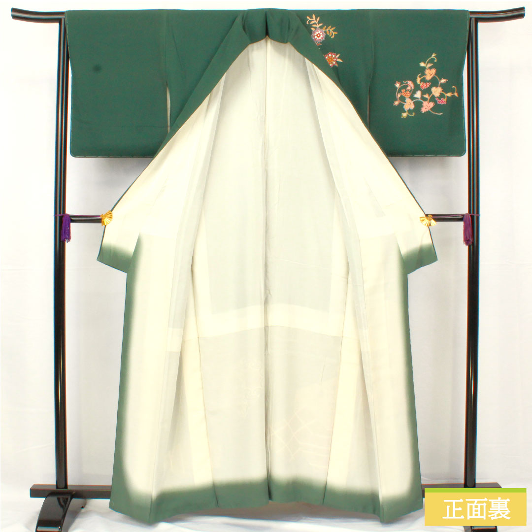 訪問着 正絹 袷 身丈160cm 裄丈63.5cm 柚葉色(ゆばいろ) 京友禅 更紗模様 Sランク 緑系 1112005052419