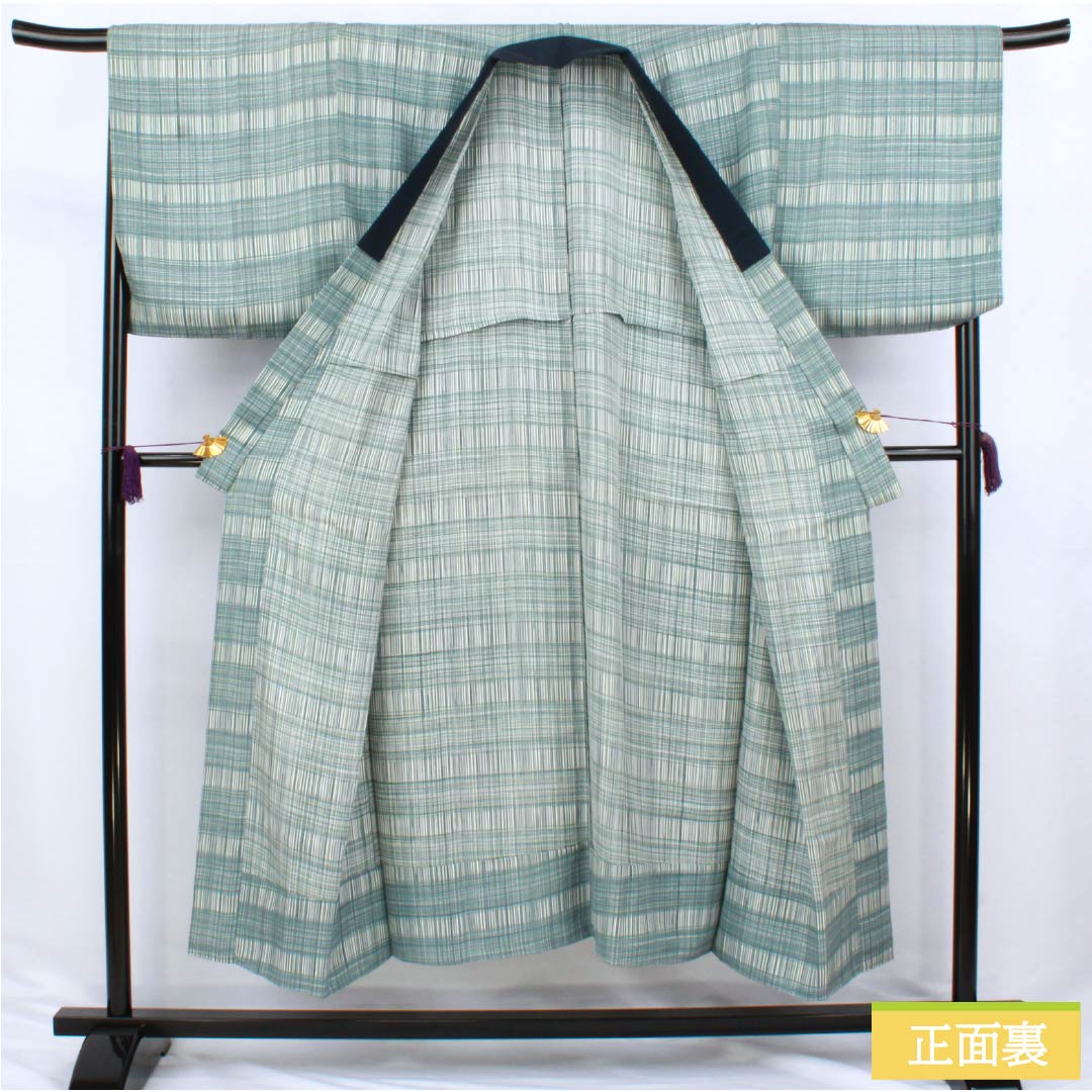男物長襦袢 正絹 Sランク 身丈151cm 裄丈69cm 藍砥茶色(あいとのちゃいろ) チェック柄 単衣 水色系 1140000632524