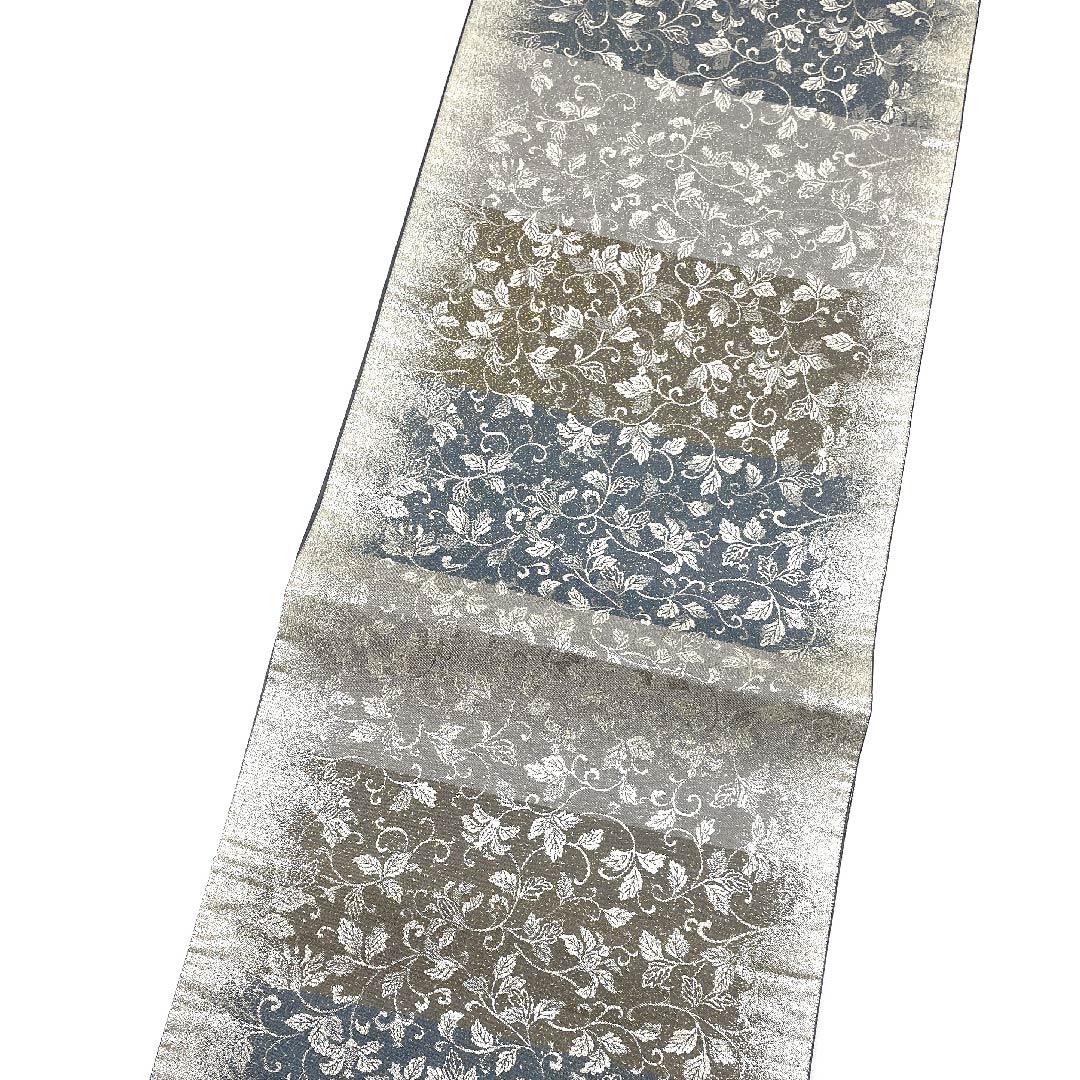 袋帯 水銀色(すいぎんいろ) 銀通し 唐草模様 帯丈430cm 正絹 Sランク 六通 セミフォーマル グラデーション系 1123008792399