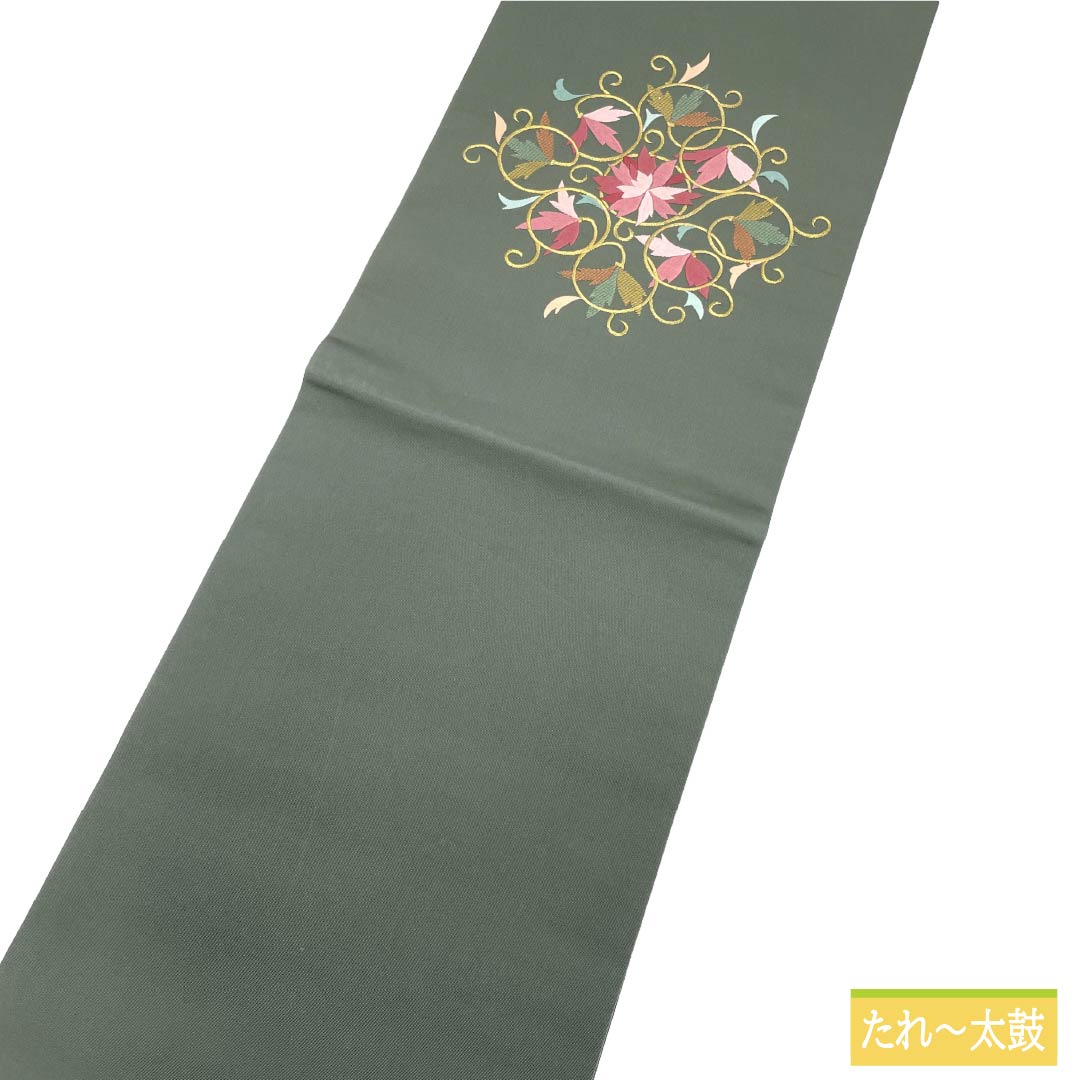 名古屋帯 正絹 Aランク 開き仕立て 鈍色(にびいろ) 唐草模様 帯丈366cm ポイント柄 セミフォーマル 緑系 1124012763319