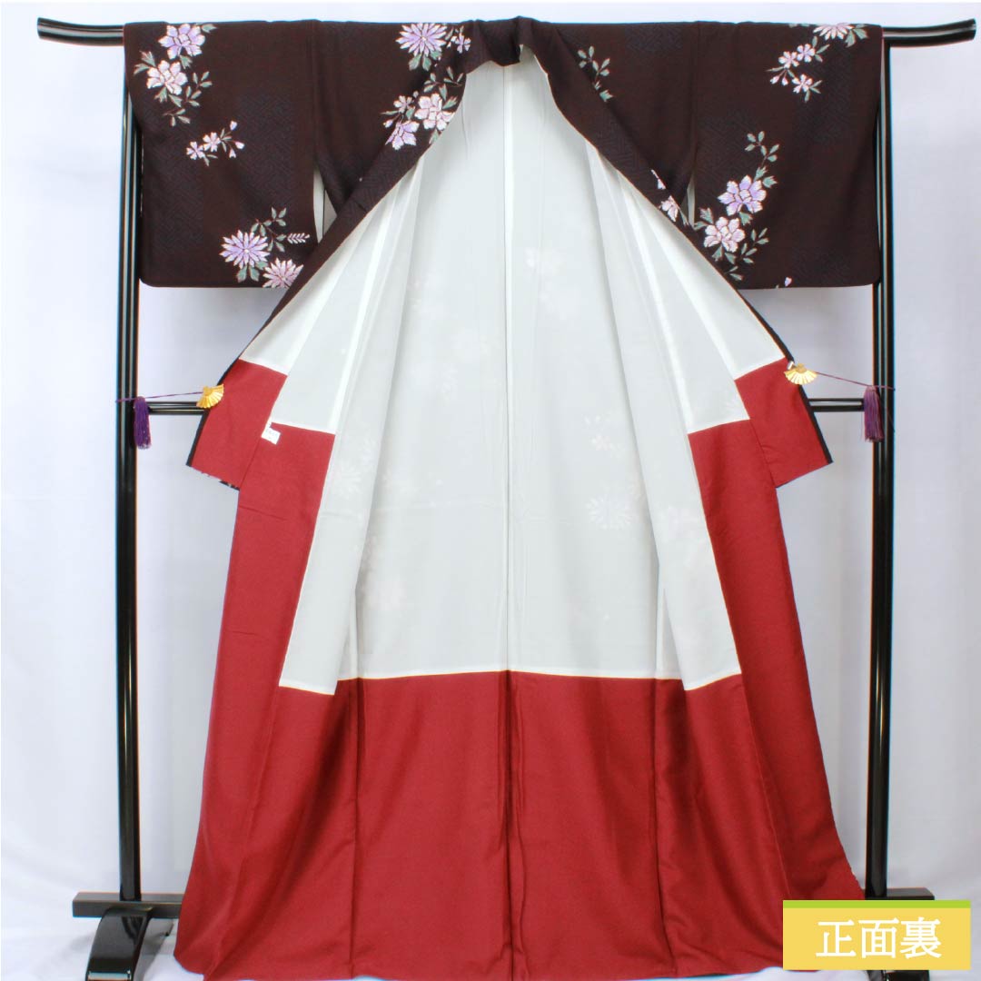 小紋 ポリエステル 身丈168.5cm 裄丈65cm 袷 紗綾形 花 洗える着物 Sランク 黒系 1115005952510