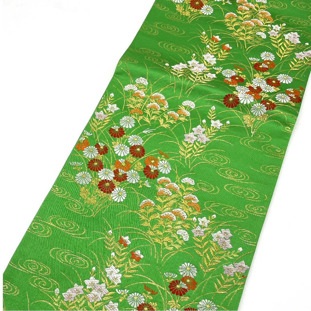 袋帯 薄青色(うすあおいろ) 観世流水 桔梗 菊 松 帯丈432cm 正絹 Sランク 六通 フォーマル 緑系 1123007012319