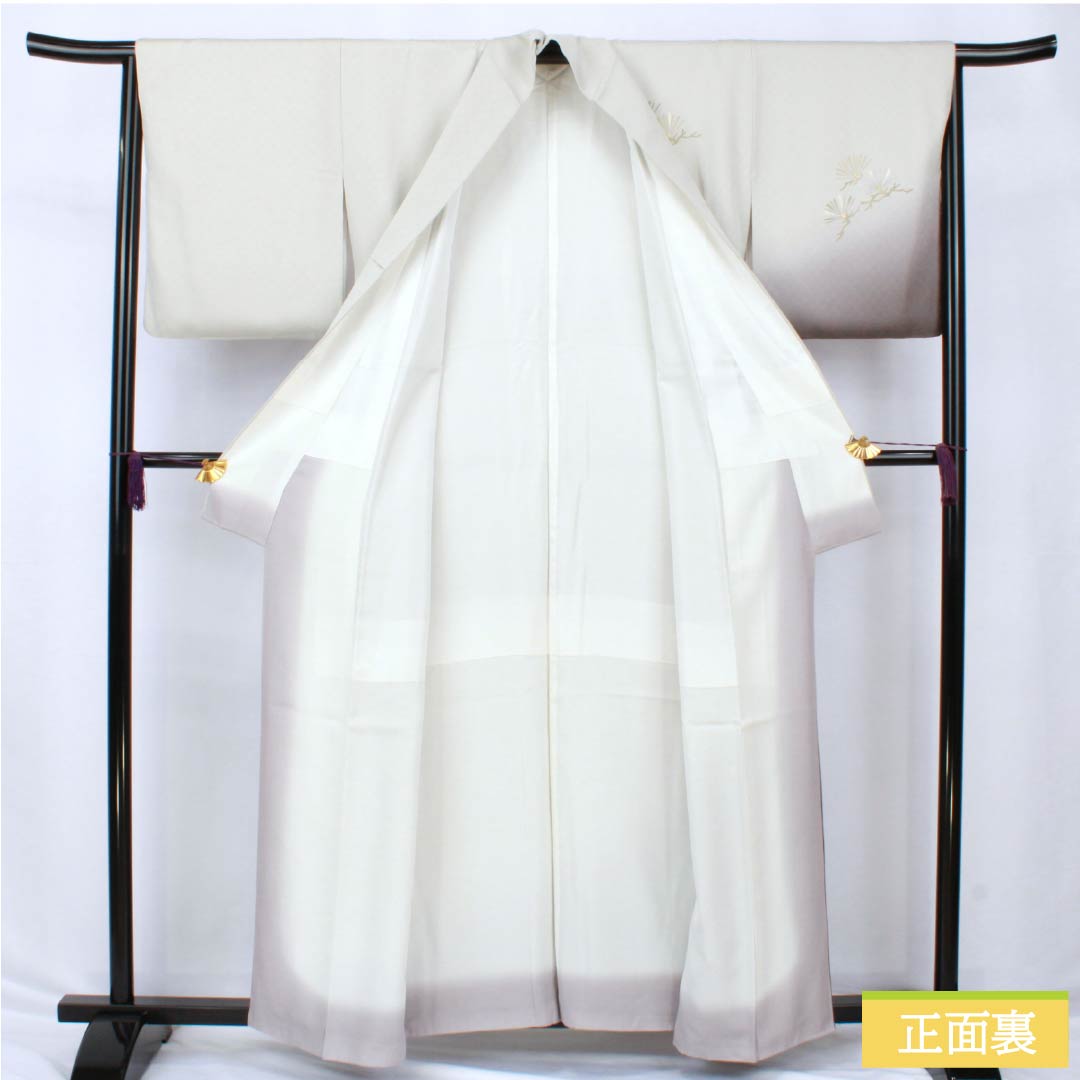 訪問着 正絹 Sランク 袷 身丈158.5cm 裄丈65cm 白鼠色(しろねずいろ) 佐賀錦 かざり錦 小島敏男 松葉 付下げ グレー系 1112006452322